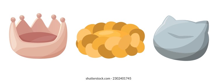A set of beds for a pet, dog or cat. Flat vector illustration of pet supplies. Objects isolated on white background, cartoon style. Blue, yellow, pink colors