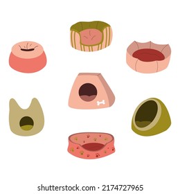 Set of beds for pets. A set of soft places for dogs and cats. Bed for dogs. Bed for cats. Vector illustration of animal beds in flat style. White isolated background.