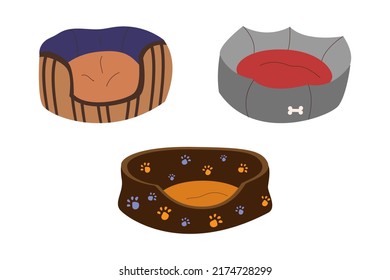 Set of beds for pets. Set of soft places for dogs and cats. Brown lounger with paws. Gray lounger with red pillow. Striped bed. Bed for dogs. Bed for cats.