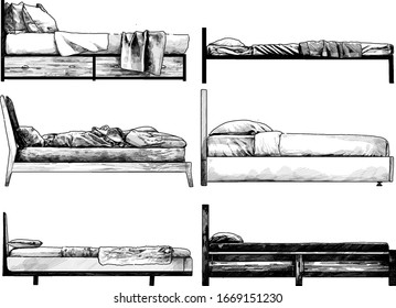 set of beds side view in loft style, sketch vector monochrome graphics isolated on white background