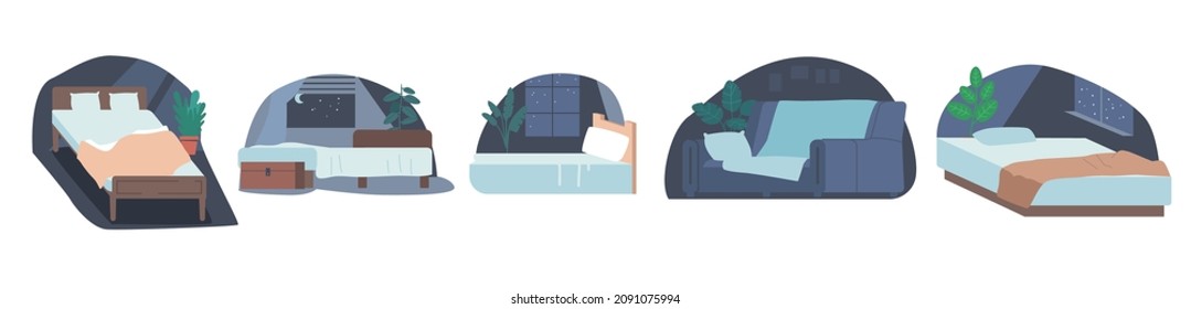 Set of Beds and Sofa for Sleeping, Bedroom Furniture Collection Isolated on White Background. Night Room at Home, Hotel or Hostel Apartment, Comfortable Sleeping Place. Cartoon Vector Illustration