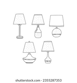 Ilustración de arte de la lámpara de noche con doodle en blanco y negro, aislado sobre fondo blanco