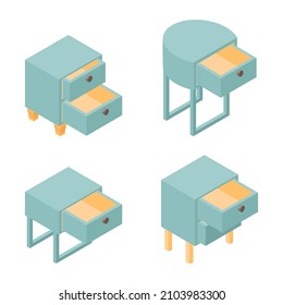 Set of bedside tabled with opened drawers. Hand drawn isometric illustration isolated on white. Flat color design.