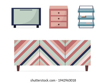 A set of bedside tables and a chest of drawers on a white background. Home and bedroom furniture