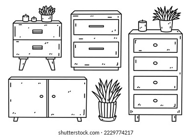 Set with bedside tables and dressers isolated on white background. Bedroom, living room furniture. Vector hand-drawn doodle illustration. Perfect for decorations, logo, various designs.