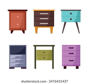 Set of bedside tables in a modern design. Bedside tables with shelves. Different styles.