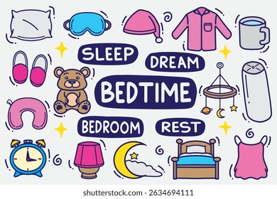 set of bedtime doodle with color  good for background, wallpaper, element design, icon, etc