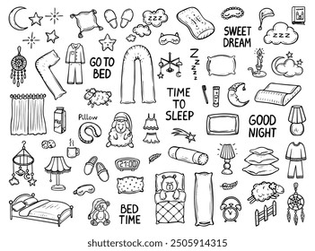 Set of bedtime hand drawn doodle. Bedroom items. Go to bed. Good night. Sleeping sheep. Pillows, crescent moon, pajamas, dream catcher, night light, alarm clock. Vector outline line art illustration.