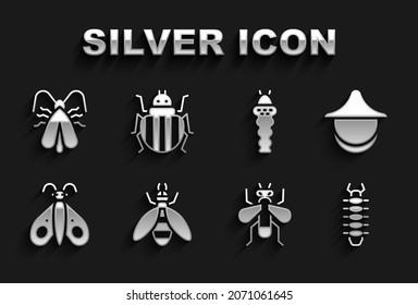 Set Bee, Beekeeper hat, Centipede, Insect fly, Butterfly, Larva insect, Clothes moth and Colorado beetle icon. Vector