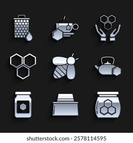 Set Bee, Beekeeper with protect hat, Jar of honey, Tea kettle, Honeycomb, and hands and  icon. Vector