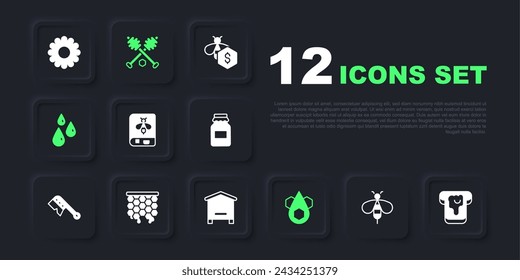 Set Bee, Bread with honey, Book about bee, Honeycomb, Drops of, dipper stick and Hive for bees icon. Vector