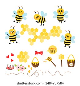 Set of bee cartoon character. Cute bee isolated on white background with heart,crown, honeycomb, honey pot, wooden dipper, flower, red bow, bubble speech and hand writing text vector illustration