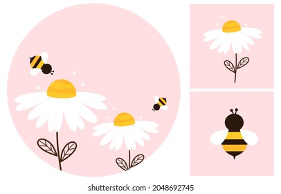 Set of bee cartoons daisy flowers on pink backgrounds vector illustration.