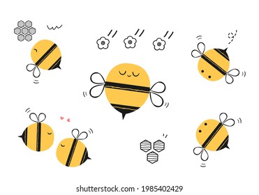 Set of bee cartoons, flower and honeycomb sign icons isolated on white background vector illustration. 