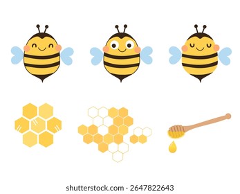 Set of bee cartoons, honey signs, honey stick and drop icon set isolated on white background vector.