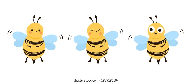 Set of bee cartoons isolated on white background vector illustration. Cute cartoon character.