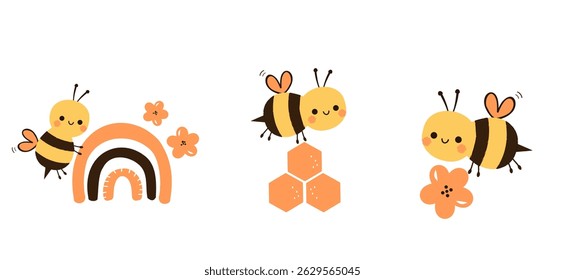 Set of bee cartoons with rainbow, orange flower and hexagon sign isolated on white background vector. Kids wear fashion print.