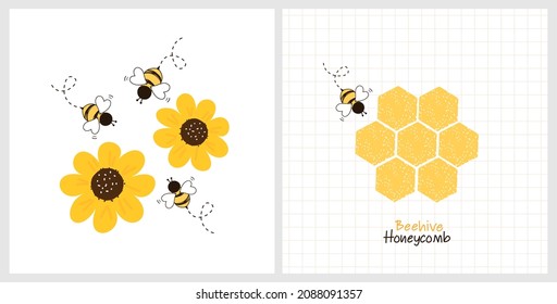 Set of bee cartoons, sunflower and  beehive logo on white backgrounds vector illustration.