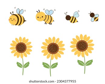 Conjunto de dibujos animados de abejas y campos de girasol aislados en ilustración vectorial de fondo blanco.