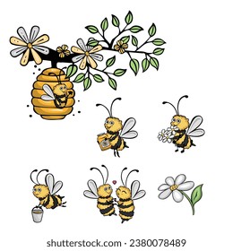set of bee characters, vector illustration