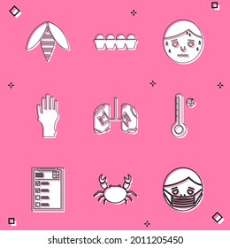 Set Bee, Chicken egg in box, Man with excessive sweating, Hand psoriasis or eczema, Lungs, Medical digital thermometer, Clinical record and Crab icon. Vector