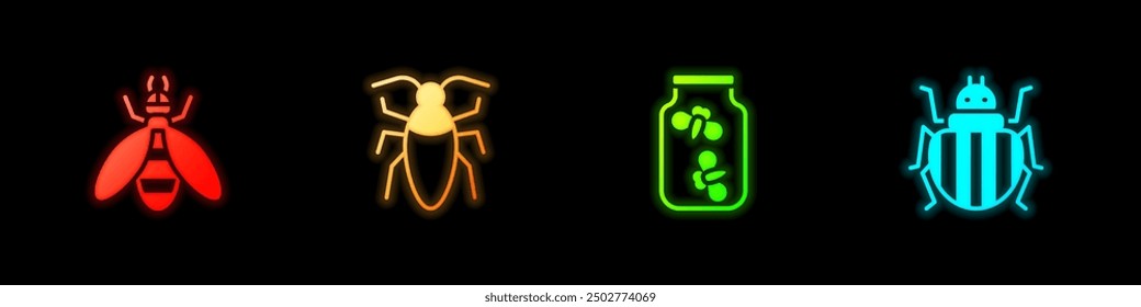 Set Bee, Cockroach, Fireflies bugs in jar and Colorado beetle icon. Vector