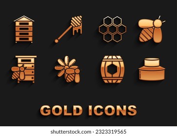 Set Bee and flower, Beekeeper with protect hat, Wooden barrel honey, Hive for bees, Honeycomb,  and dipper stick dripping icon. Vector