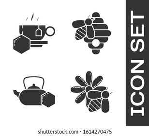 Set Bee and flower, Cup of tea with honey, Tea kettle with honey and Hive for bees icon. Vector