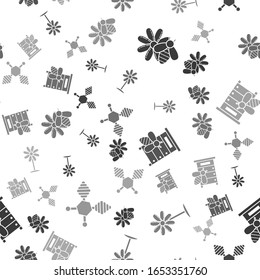 Set Bee and flower, Flower, Hive for bees and Honey dipper stick on seamless pattern. Vector