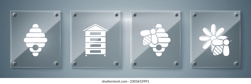 Pon Abejas y flores, Hive para abejas, Hive para abejas y Hive para abejas. Paneles de vidrio cuadrado. Vector