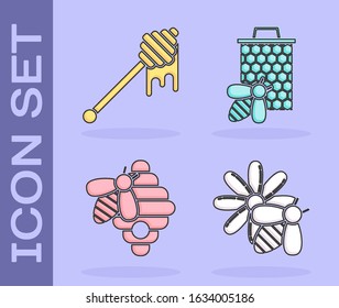 Set Bee and flower, Honey dipper stick with dripping honey, Hive for bees and Bee and honeycomb icon. Vector