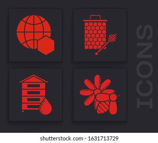 Set Bee and flower, Honeycomb map of the world, Honeycomb with honey dipper stickicon and Hive for bees icon. Vector