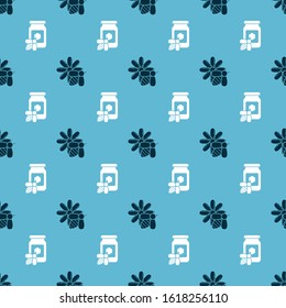Set Bee and flower and Jar of honey with bee on seamless pattern. Vector