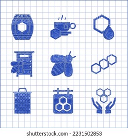 Set Bee, Hanging sign with honeycomb, Honeycomb and hands, Hive for bees,  and Wooden barrel icon. Vector