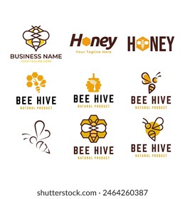 Conjunto de colmena de abejas y diseño de Vector plano con logotipo de miel