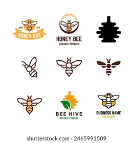 Conjunto de colmena de abejas y diseño de Vector plano con logotipo de miel
