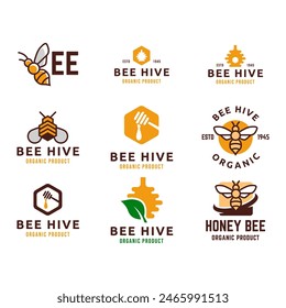 Conjunto de colmena de abejas y diseño de Vector plano con logotipo de miel