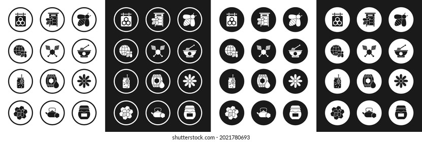 Set Bee, Honey dipper stick, Honeycomb map of the world and abe, Hanging sign with honeycomb, bowl, Hive for abes, Flower and Jar icon. Vector