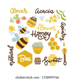 Set of bee, honey honey elements, camomile, clover flowers, wooden spoon, honeycomb, jar, logo template and other beekeeping lettering. Vector flat hand drawn illustration