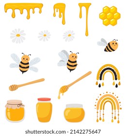 Conjunto de abejas, elementos de miel. Ilustración vectorial de dibujos animados sobre fondo blanco. 