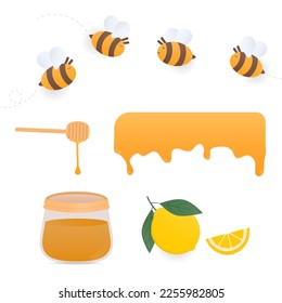 Set of bee and honey elements with lemon on white background. Vector illustration.