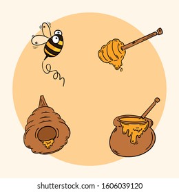 Set of bee, honey, hive, jar and spoon illustration.