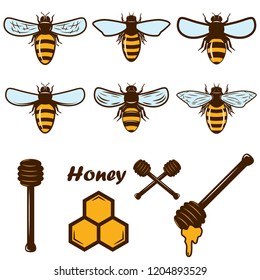 Set of bee and honey icons. Design element for poster, card, label, sign, card, banner. Vector image