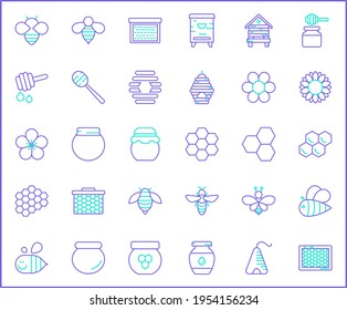 Set of bee and honey Icons line style. Contains such Icons as organic, sweet, natural, honey bee, fresh, apiary, beehive, honey jar, spoons, honeycombs And Other Elements. customize color, easy resize