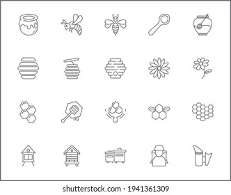 Set of bee and honey line style. It contains such Icons as organic, sweet, natural, honey bee, fresh, apiary, beehive, honey jar, spoons, honeycombs and other elements. customize color, easy resize.