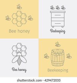 Set of bee honey logos. Thin line icons set. Vector illustration.