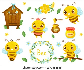 Set of bee, honey and other beekeeping illustration. Vector. Cartoon style.