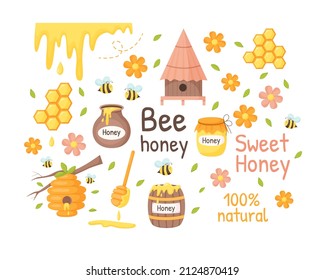 Set of bee honey thematic elements. Collection of isolated cute cartoon illustrations. Flat vector style.