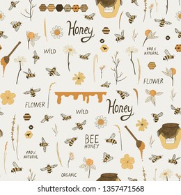 Set of bee, honey vector seamless pattern