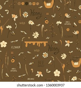 Set of bee, honey vector seamless pattern